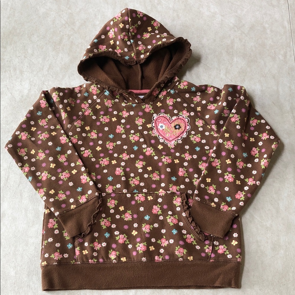 OshKosh B'gosh Girls Cotton Blend Brown Floral Heart Pullover Hoodie Size 10